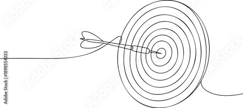 A minimalist black and white line drawing of a dartboard with concentric circles and a single dart hitting the center bullseye.