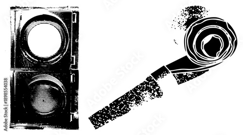 Retro traffic with halftone shading, industrial pipe with gritty texture, vector graphic, urban infrastructure, mechanical design, black and white illustration.