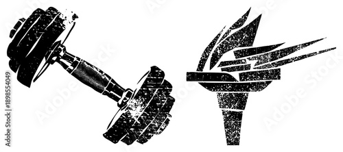 Black vector of dumbbell and torch, gritty texture, fitness and symbols, graphic, symbolic representation.