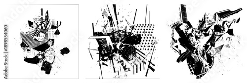 Dynamic collage of shattered shapes, halftone textures, and angular forms, abstract art, graphic design element, vector illustration, modernist composition, aesthetic.