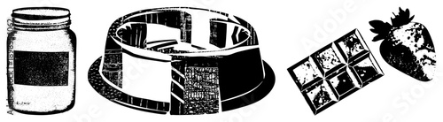 Vintage style dessert items including jar, layered cake, chocolate bar, and strawberry, rendered in halftone vector art with bold and textured shading.