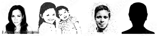 Black and white halftone portraits of woman, mother child duo, man, and silhouette. Dot rendering, graphic design, vector art, isolated subjects.