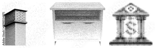 Vector halftone illustrations of chimney, chest, and vault, rendered in dot matrix style, isolated foreground elements, graphic design.