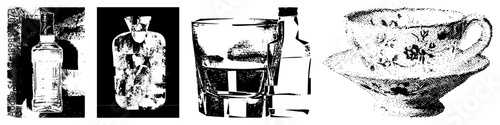 Halftone rendered glass bottle, whiskey tumbler, and tea cup, vector graphic, isolated objects,, retro aesthetic, beverage containers.