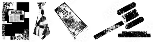 Grungy newspaper with “SUBSCRIBED”, tie, gold bar, and judge’s gavel all in distressed black and white vector. Ideal for legal, finance,, or luxury themes.