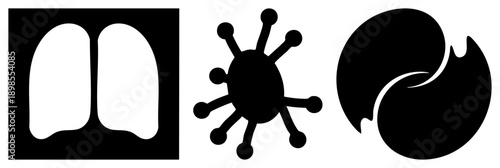 Medical lung, virus particle symbol, yin yang emblem, health and balance concepts, black vector graphics.