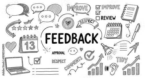 Doodle illustration of feedback concepts including communication, ratings, and improvement