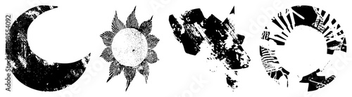 Distressed black celestial including moon, sunburst, fragmented cosmic shapes, and stylized with texture, ideal for dark or retro cosmic design.