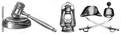 Antique courtroom gavel, classic oil lantern, sabers, naval cap, and helmet, engraved art, historical symbols, legal and military.