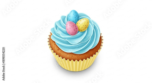Easter cupcake with blue frosting and colorful eggs on top isolated on white background