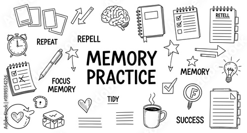 Hand-drawn doodles illustrating memory practice concepts like repetition and focus