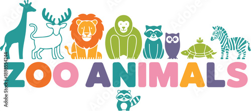 A colorful illustration of various zoo animals arranged horizontally across the image.