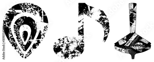Distressed black and white vector featuring location pin, musical note, and yo yo with gritty texture, ideal for retro or urban design projects.