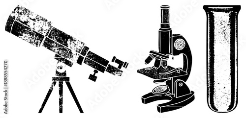 Telescope observing stars, microscope examining samples, test tube holding liquid, scientific tools, lab equipment, research instruments, educational props.