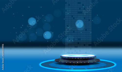 Digital platform with glowing circle and light effects in blue tones during night time