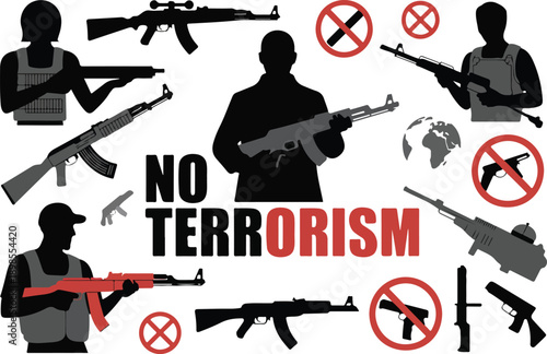 A graphic design illustration with a white background featuring anti-terrorism and gun control messaging.