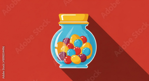 Colorful candies in a glass jar with yellow lid on red background sweet treats concept