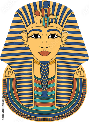 A detailed illustration of an ancient Egyptian pharaoh's headdress and face in a traditional style.