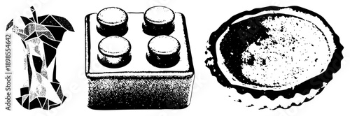 Stylized abstract sculpture with fragmented shapes, classic brick with studs, halftone rendered pie slice, vector art, isolated foreground elements.