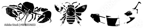 Black vector illustrations of crab, bee, and giraffe with distressed texture, graphic design elements, isolated animal, flat silhouette style.