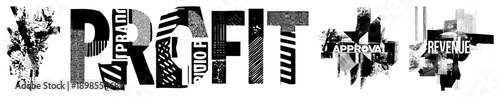 Graphic text elements spelling profit, approval, revenue with fragmented halftone textures, modern abstract letterforms, business themed vector art.