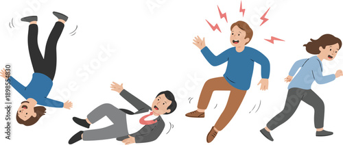 A cartoon illustration showing a sequence of people falling and reacting to an unseen force.