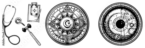 Stethoscope, reflex hammer, medicine bottle with, zodiac wheel with moon, celestial chart with planets, black and white vector illustration.