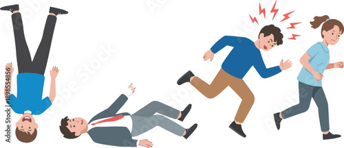A cartoon illustration showing a sequence of people falling and reacting to an unseen force.
