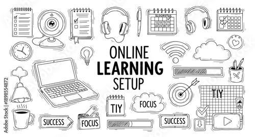 Doodle illustration of online learning setup with laptop, webcam, headphones, and calendar
