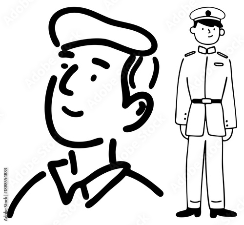 Military personnel in uniform, soldier character, armed forces depiction, stylized figure, black drawing, minimalist soldier.