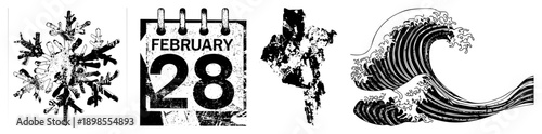 Snowflake, February 28th calendar, abstract map silhouette, Hokusai wave all in bold black vector style. Isolated, cutout, rgba.