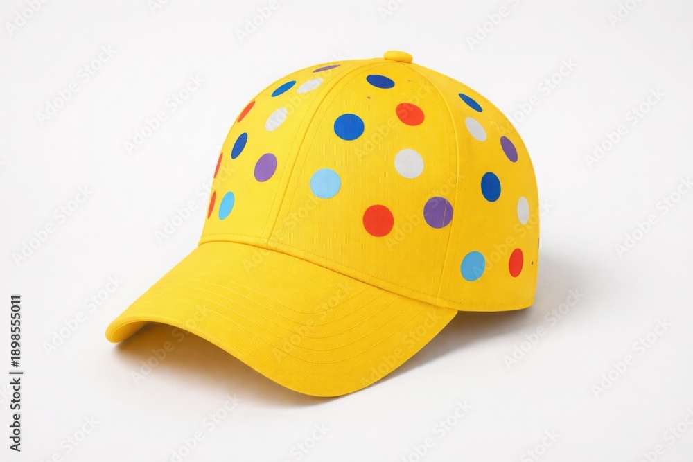 Fototapeta premium Bright yellow fashion cap with multicolored polka dots and plain visor on white background