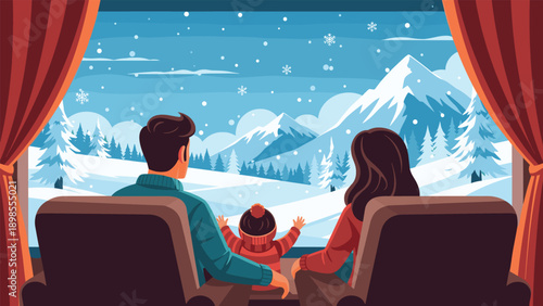 Young family of three sitting in comfortable armchairs and looking out a large window at a beautiful snowy mountain landscape in winter.