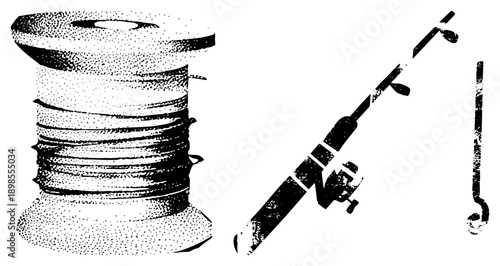 Fishing reel with spool, fishing, angler gear, halftone style, vector graphic, isolated fishing equipment, sport fishing tools.