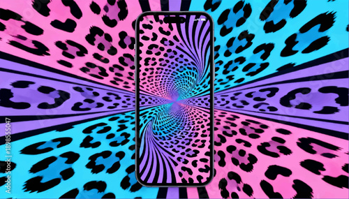 Styled leopard print, bright electric pastel palette of neon pink, electric blue and soft lilac. Vector graphics.