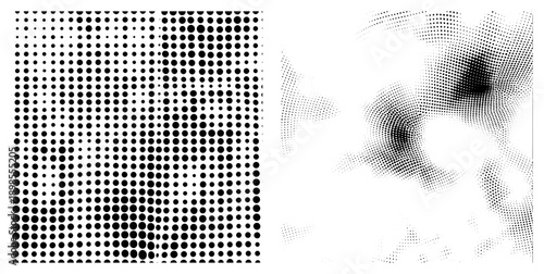 Black circular halftone dots forming gradient from dense to sparse, vector art for print or digital, isolated, design element, typography background.
