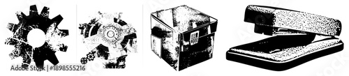 Halftone vector gears, industrial, and stapler with distressed textures. Isolated cogwheel, box, and stapler in foreground.