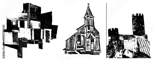 Three stylized architectural structures cubist building, Gothic church with bell tower, medieval with crenellated walls. Black and white halftone vector art, isolated foreground elements.