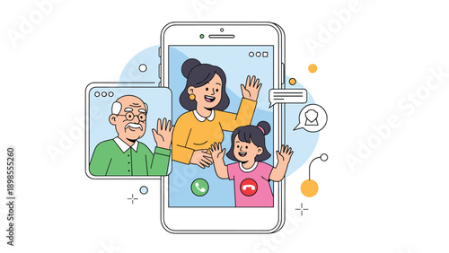 Family members including a grandfather waving during a video call on several smartphone and tablet screens together.