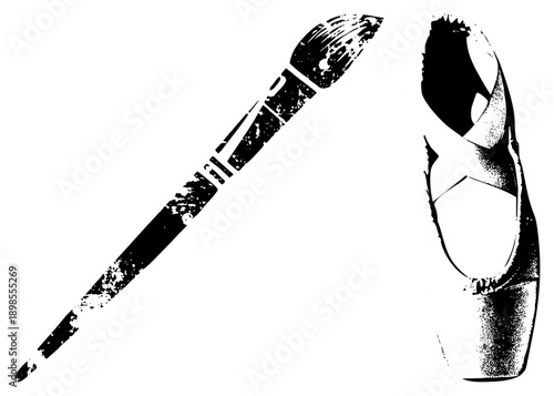 Graphic illustration of paintbrush and pointe shoe, artistic tools, creative expression, dancer’s footwear, halftone texture, style, isolated elements.