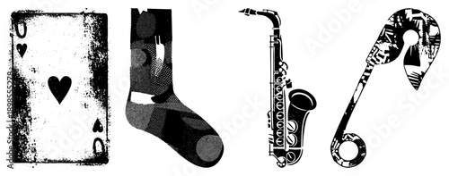 Distressed black and white vector Ace of card, sock, saxophone, musical note. Retro, gritty, halftone style. Isolated foreground elements.