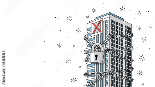 Tall office building wrapped in heavy grey chains and a large padlock with falling snowflakes in the air to represent closure or security.