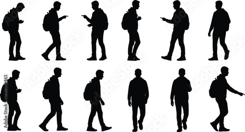Black silhouette man walking with backpack, phone gestures set, urban male people poses, travel lifestyle character collection isolated white background