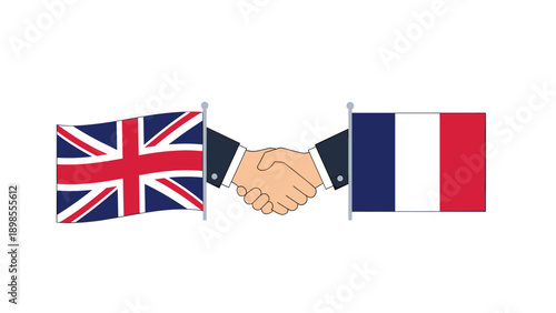 Handshake between business or political figures with United Kingdom and France flags representing European diplomacy and bilateral agreements.
