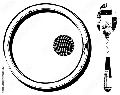 Retro disco ball on distressed plate, kitchen spatula with worn texture, halftone style, isolated vector art, party or cooking theme.