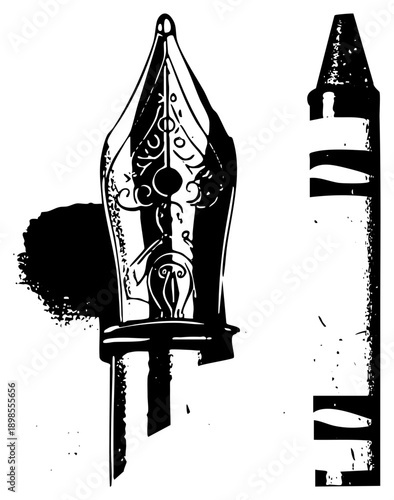 Vintage fountain pen nib with intricate scrollwork, ink blot splatter, and crayon stick with textured stripes, vector illustration.