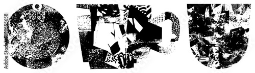 Fragmented black and white forms with halftone texture, abstract composition, graphic design elements, vector art, stylized shapes, modern minimalism.