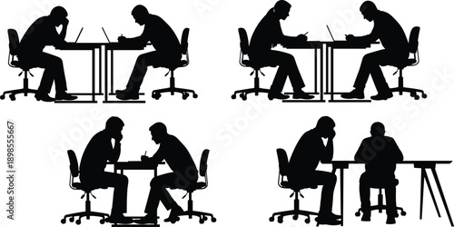 Business meeting silhouettes illustration set, people sitting at desks, working discussion concept, office teamwork, black isolated figures, professional workspace scene