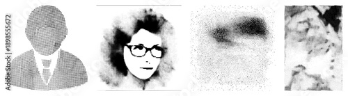 Vector halftone portraits rendered with dot, stylized human faces, graphic design elements, aesthetic, isolated cutout figures.