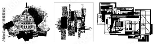 Modern architectural sketch featuring layered building, structural, and abstract urban forms, rendered in vector style.